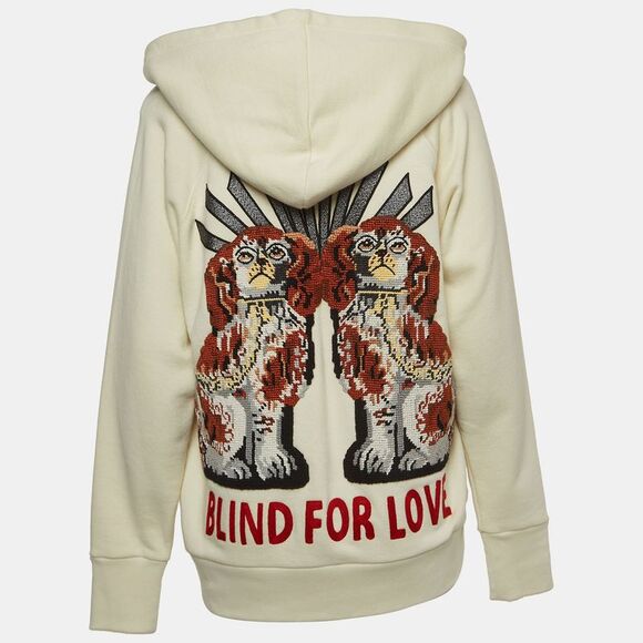 Gucci Cream Logo Print Embroidered Cotton Knit Hoodie XS - Picture 2 of 4